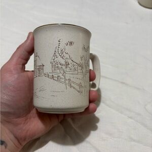 Vintage Cream Ceramic Mug with Sketch Design